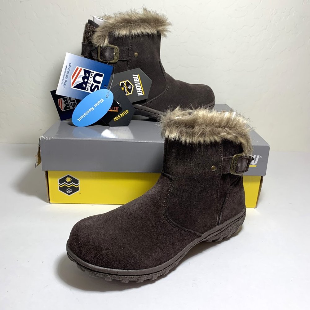 Khombu Blaze Boots Suede Leather Faux Fur Booties Brown Waterproof Size 6.5 NEW
